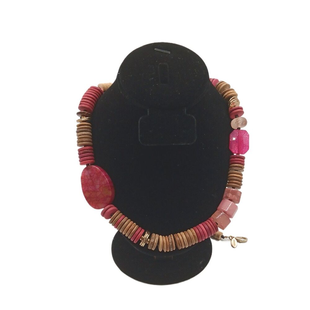 Chico’s Heishi Bead Necklace Wood Pink Cabochon Brushed Gold Tone Boho Coastal